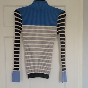 LOFT Blue and Black Striped Turtleneck Sweater